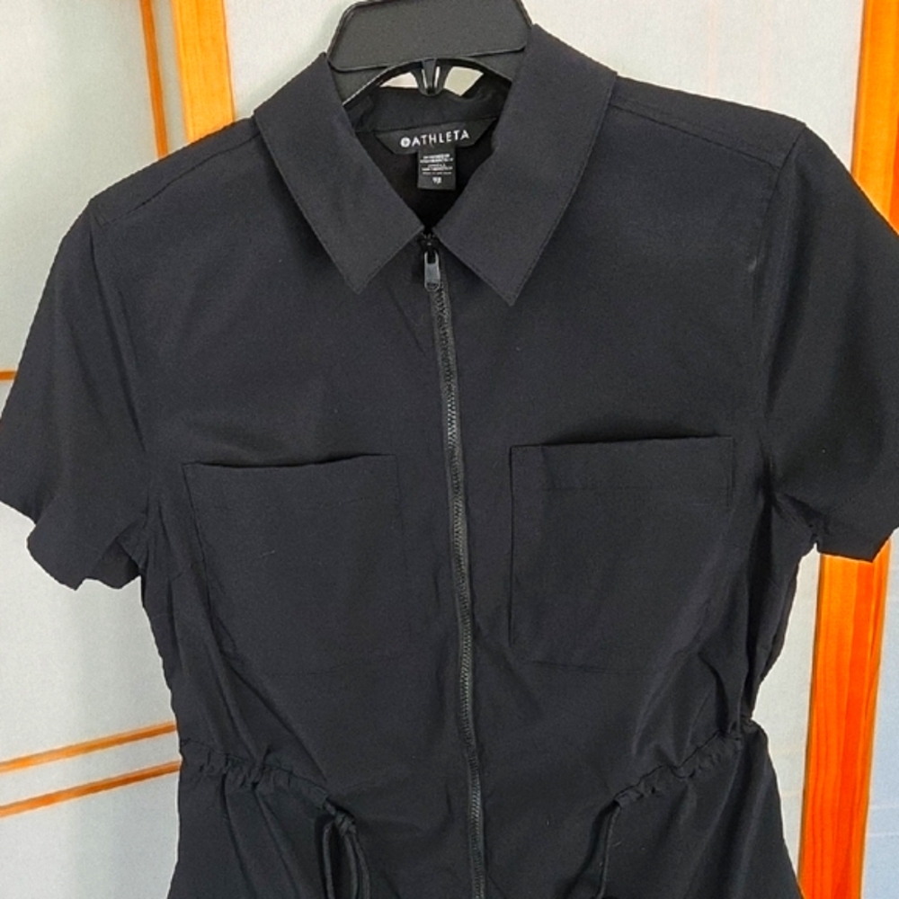 Athleta Advantage Cinch Black Zip-Up Short Sleeve Top NWOT XSmall